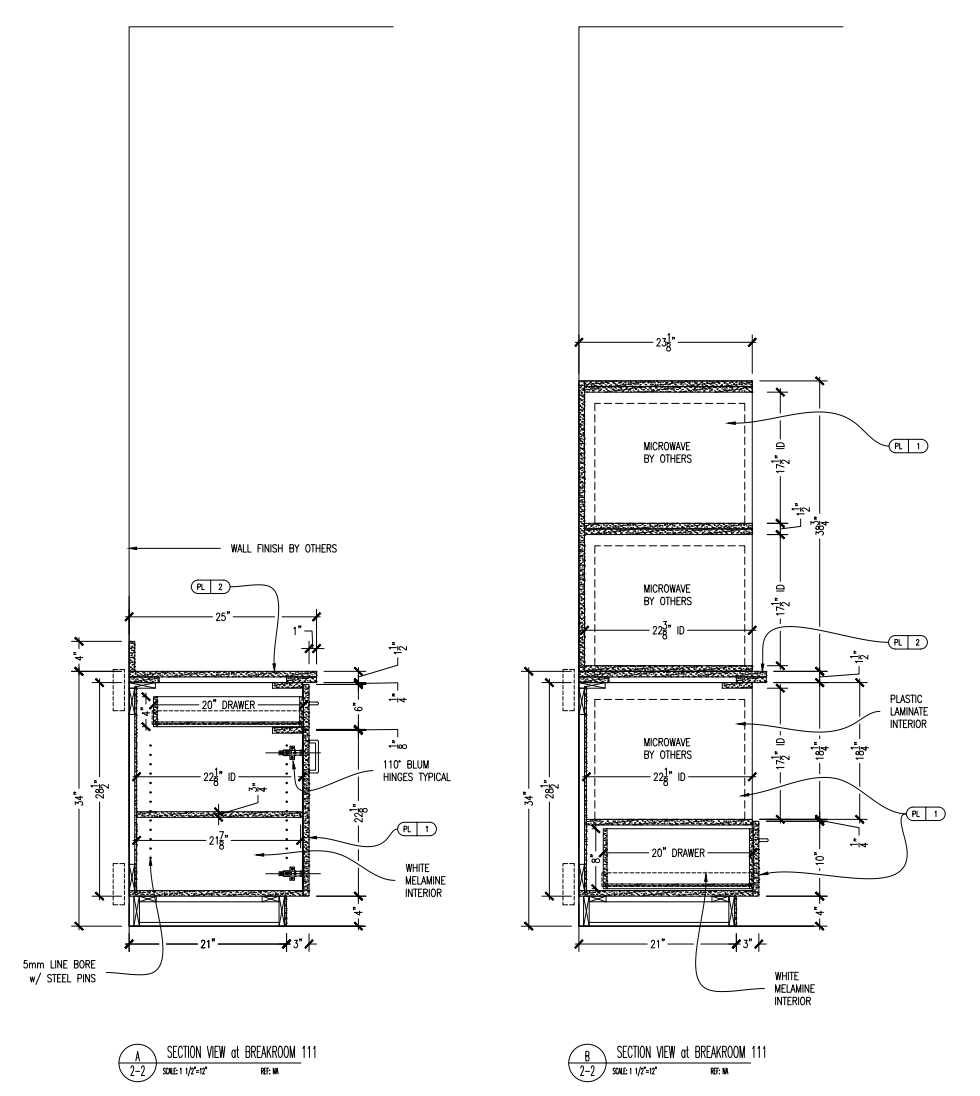 Section drawing showing cabinet interiors and stacked components.